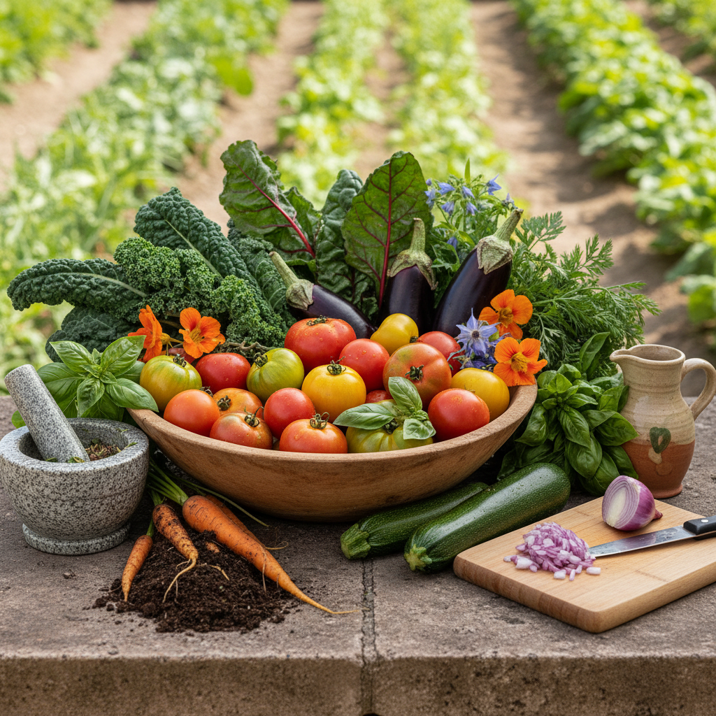 Ingredientes frescos de una huerta orgánica sobre una mesa de piedra