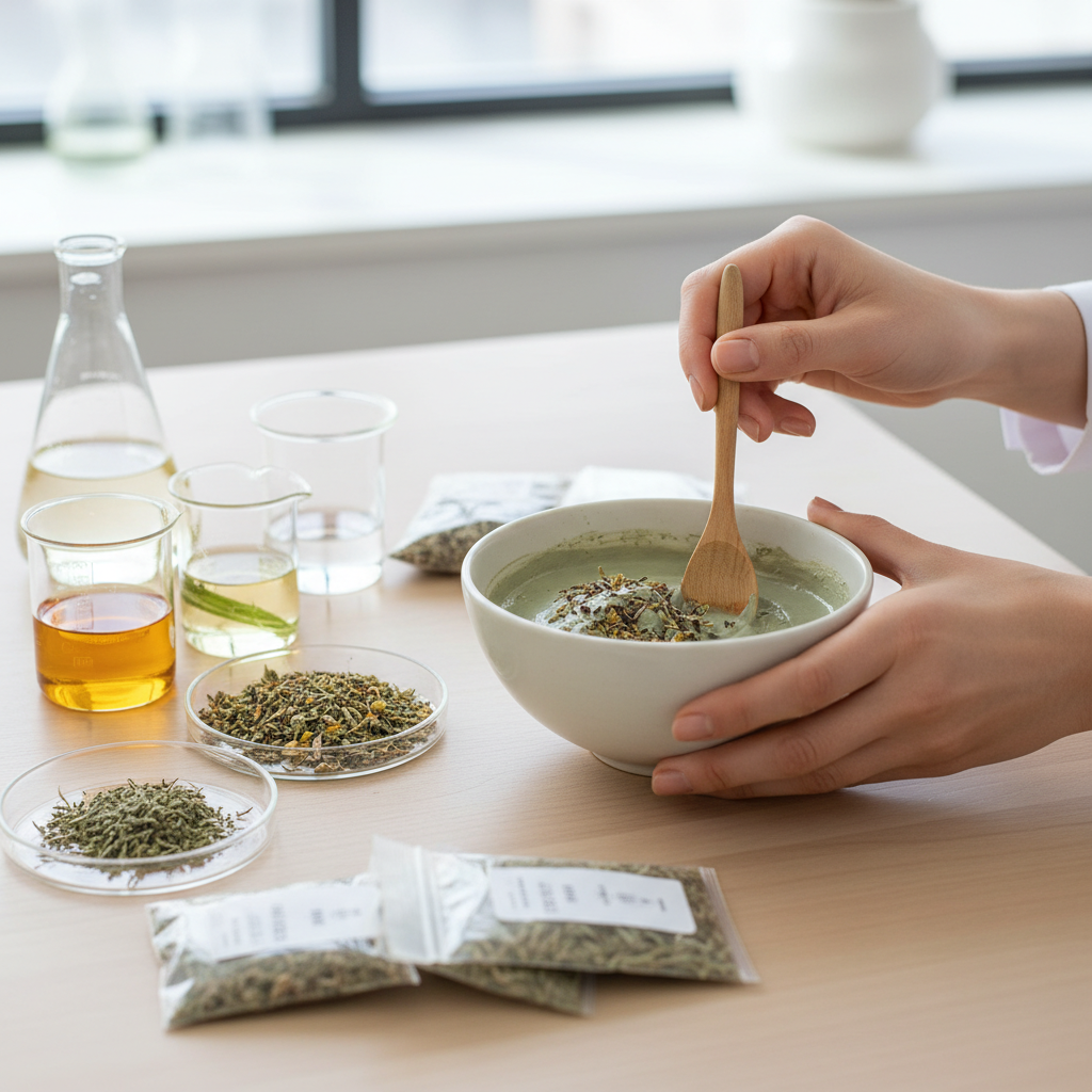 Manos preparando una mascarilla facial con arcilla y hierbas