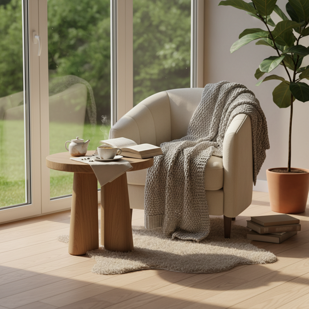 Un espacio de lectura acogedor con una taza de té y luz natural suave