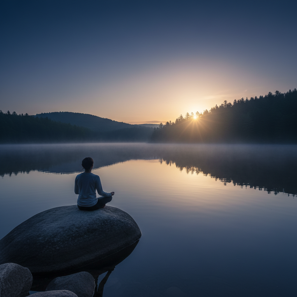 Persona meditando en silencio frente a un lago tranquilo durante el amanecer