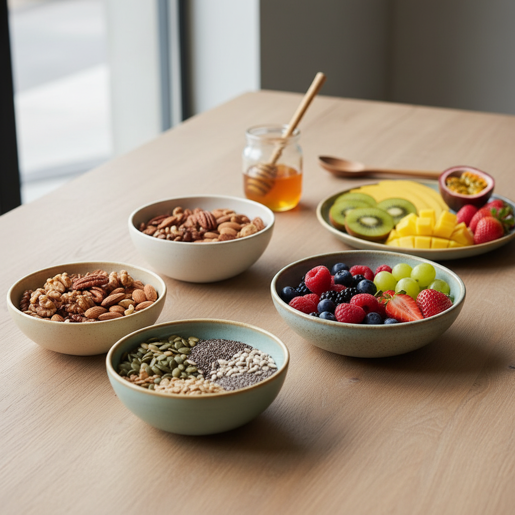 Variedad de ingredientes naturales como nueces, semillas y frutas frescas en cuencos de cerámica